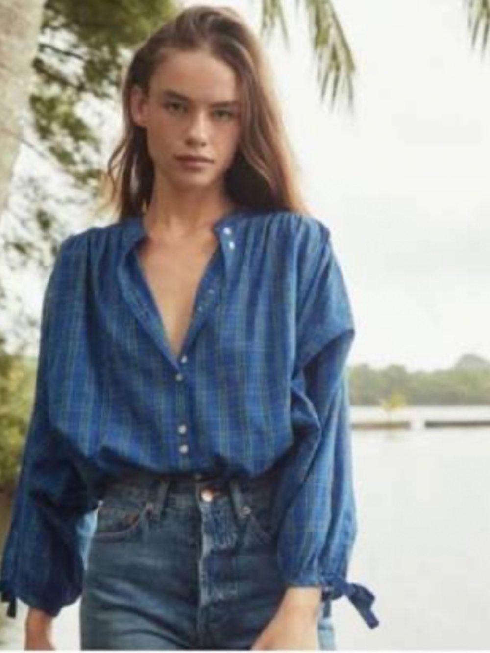 Doen O'Keefe blue plaid organic cotton blouse xs - Picture 2 of 5